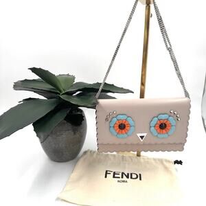 Fendi Beige Blue Orange Owl WOC Crossbody Bag SHW Scalloped Edges